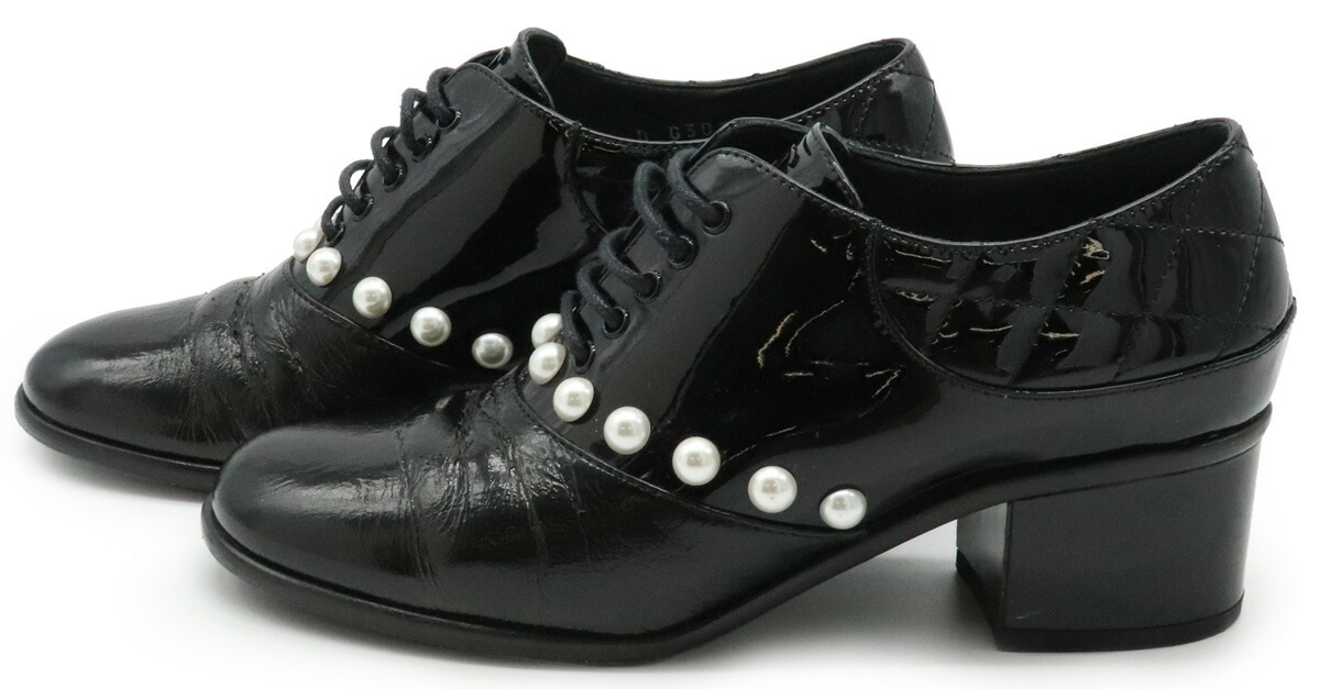 ローファー レディース シャネル 黒 靴 Chanel 中古 靴 チャンキーヒール ブランド シューズ ローファー ブラック パテントレザー レースアップシューズ パール 黒 ブラック 36 1 2 23 5cm G Y 中古 ブルーミン 森田質店