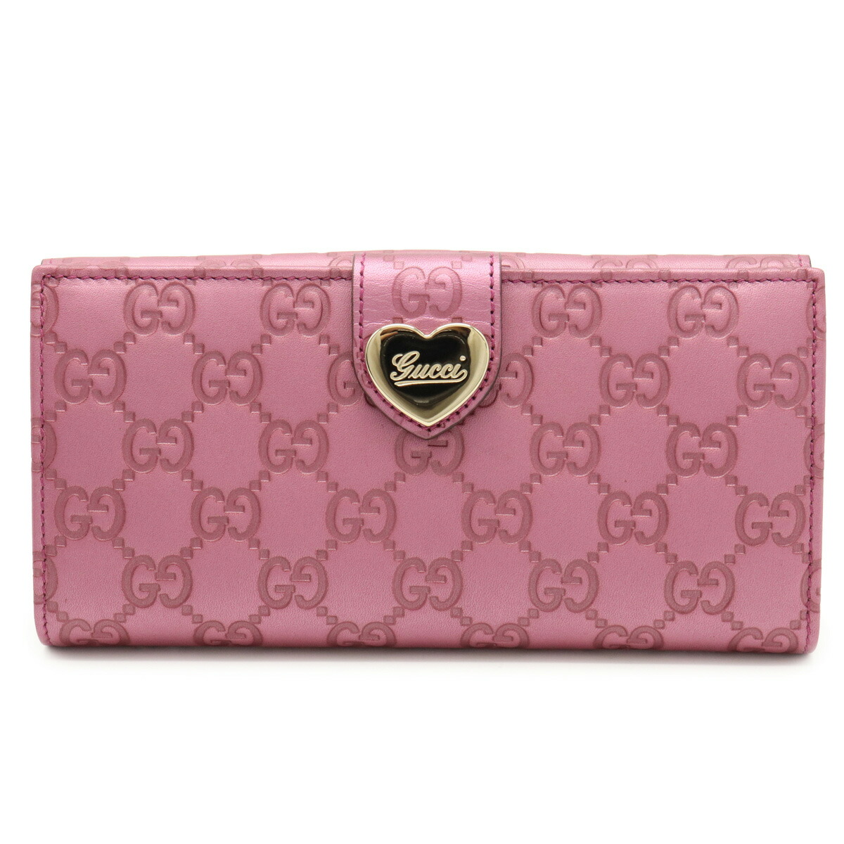 財布 Gucci ハート グッチ レザー グッチシマ ハート 2つ折長財布 グッチ 二つ折り長財布 Wホック ダブルホック レザー メタリックピンク 3550 中古 ブルーミン 森田質店ｓランク品