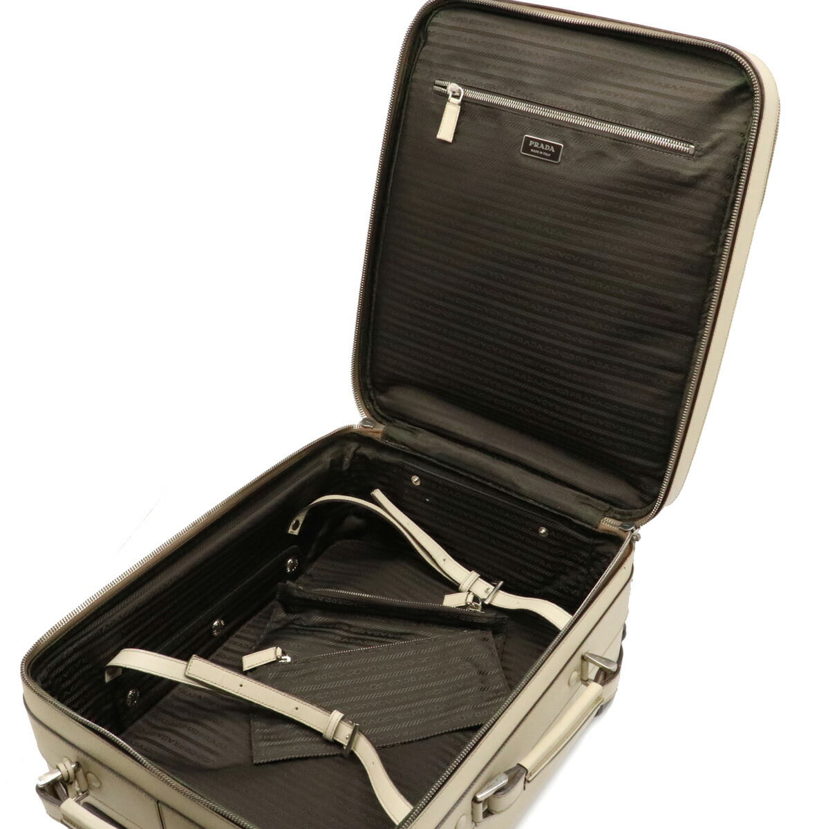 最新入荷のプラダ アイボリー レザー サフィアーノ キャリーバッグ 白 Prada トロリーバッグ 旅行カバン Prada スーツケース キャリーバッグ バッグ Vv0031 Cera スーツケース バッグ キャリーケース 中古 ブルーミン 森田質店 スーツケース キャリーバッグ