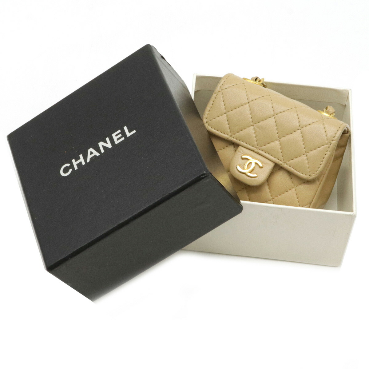 【財布】CHANELシャネルミニミニマトラッセココマークバッグチャームキーホルダーチェーンポーチレザーベージュゴールド金具【中古】