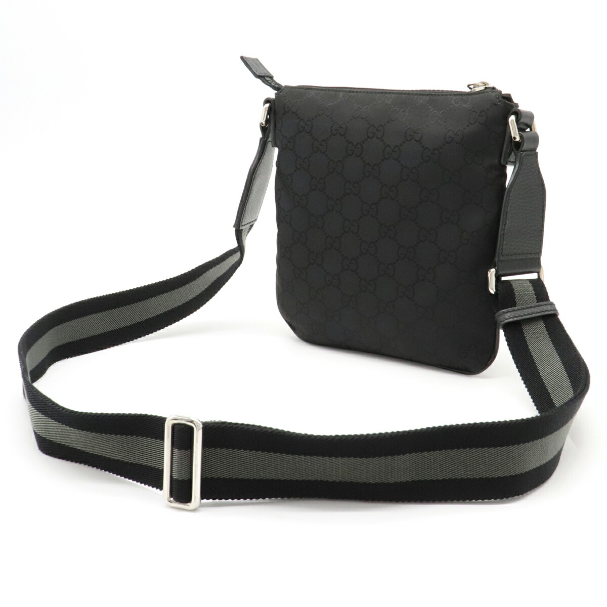 【バッグ】GUCCIグッチGGナイロンショルダーバッグ斜め掛けポシェットマチなしレザー黒ブラックグレーアウトレット品449183【中古】