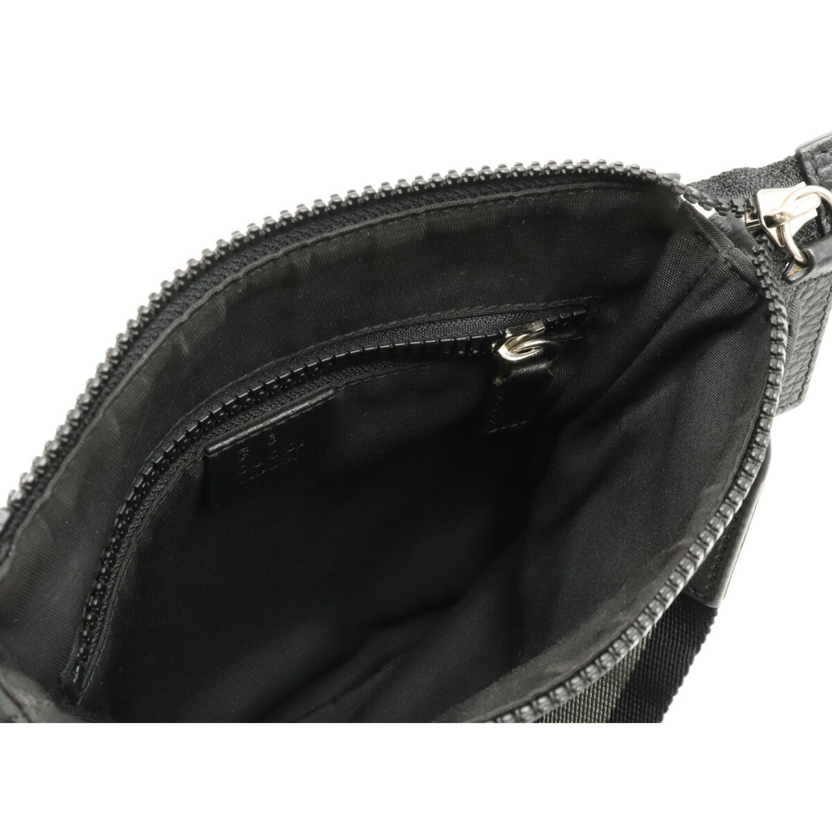 【バッグ】GUCCIグッチGGナイロンショルダーバッグ斜め掛けポシェットマチなしレザー黒ブラックグレーアウトレット品449183【中古】