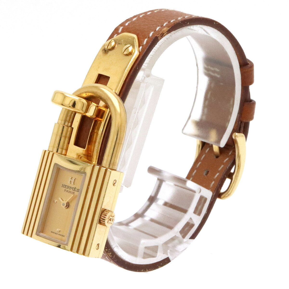 ランキング上位のプレゼント Hermes エルメス ケリーウォッチ ゴールド文字盤 Gp 革ベルト レディース Qz クォーツ Y刻印 ブラウン 腕時計 Fucoa Cl