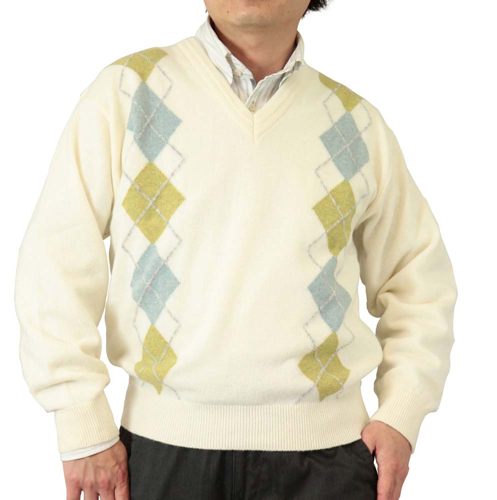 【Sサイズ ホワイト色のみ】◆SALEさらにクーポンで20%OFF◆ セーター Ｖ首 カシミヤ入りウール混 日本製 アーガイル柄 10ゲージ 紳士/メンズ/シニア/国産【送料無料】 (7062)