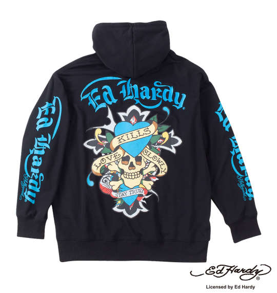 大きいサイズ メンズ Ed Hardy 裏毛 刺繍 & プリント フルジップ パーカー ブラック 1278-4641-2 3L 4L 5L 6L｜大きいサイズの店ビッグエムワン