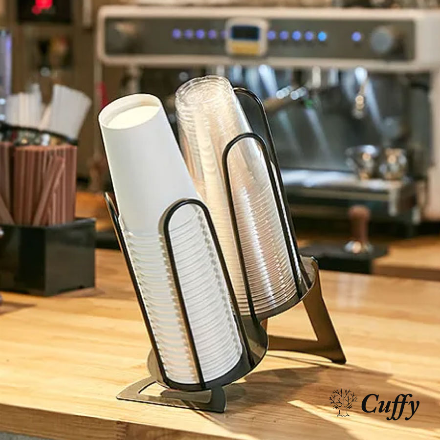 【 カフェグッズ 】カップ ラック 収納 アイアンカップ＆リード2段ディスペンサー(ブラック) カフェ グッズ テイクアウト キッチン収納 使い捨て カップ収納 コップ収納 コーヒー プラカップ クリアカップ カフェ 炭酸 ドリンク 紙カップ 紙コップ (プラカップ・紙コップ)