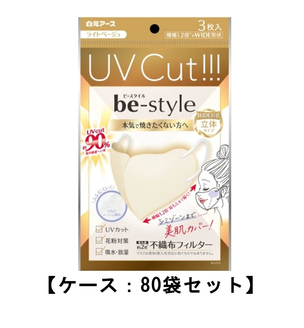 恍ける 不織布 ビースタイル ＵＶ取りすてる恍ける ともし火ベージュ 3枚入×80【80袋書き割り】容れもの売りわたす  白元地びた 小顔 お上さん用 紫外線打つ手 夏用恍ける