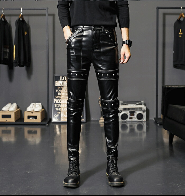 ブラックレザーバイクパンツ 膝ストレッチパネル バイクパンツ レザーパンツ バイクウェア メンズ 膝パッド付き