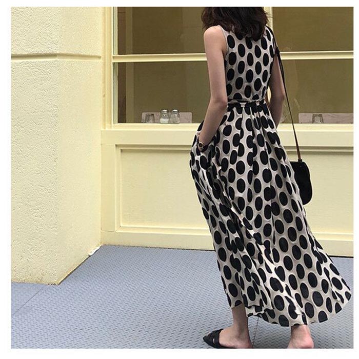 楽天市場 ドットワンピ 水玉 ワンピース ノースリ ゆる ドット柄 プリント Vネック マキシ丈 かわいい 美ゆる Aライン レディース ロング丈 ワンピ 春夏 カジュアル キレイめ 大人 海 Bobi