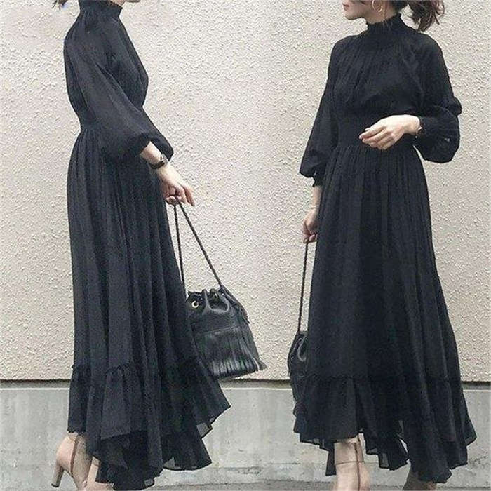 楽天市場】シフォンワンピース 長袖 黒ワンピース ロング