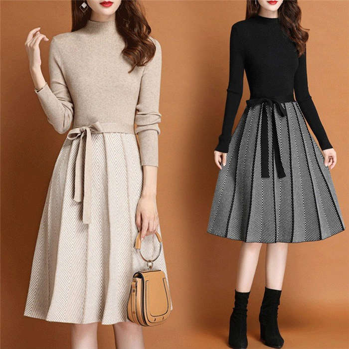 楽天市場 ニットワンピース レディース 40代 秋冬 きれいめ 膝丈ワンピース 長袖 リボン Aラインプリーツスカート ニット 結婚式ドレス 通勤 ロング 着痩せ オシャレ 送料無料 Bobi
