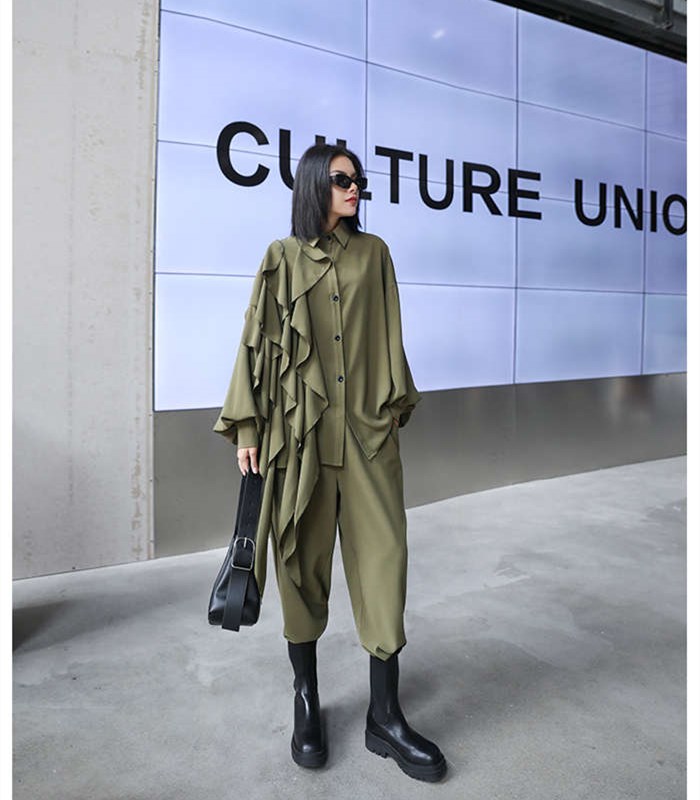 セットアップ レディース 秋 レディース きれいめ セットアップ 秋 冬 フリーサイズ グリーン ブラック 個性デザイン ブラウス ワイドパンツ 2点セット ゆったり 上品 おしゃれ 大きサイズ ストリート アシメントリー 送料無料 Ceconsolidada Cl