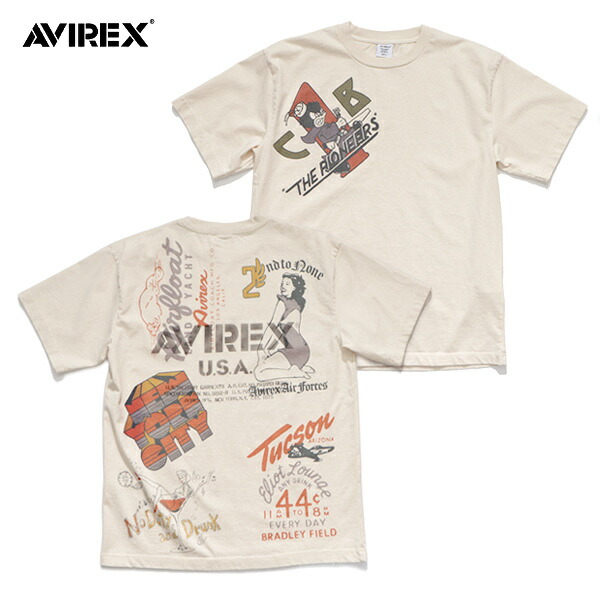 アヴィレックス【AVIREX】783-6134023 ARCHIVE PRINT T-SHIRT 半袖ティーシャツ メンズ  表どおり 刷り上げるティーシャツ 自然的白いこと 綿織物100% 夏服 アーカイブ刷り上げる半袖ティーシャツ ヴィンテージ  ミリタリー 【貨物輸送無料】