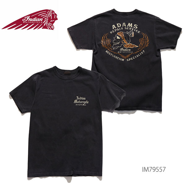 北米インディアン自動二輪車【INDIAN MOTORCYCLE】IM79557 プルオーバー 半袖 T-SHIRT うしろ側考える 刷り上げる メンズ レディース TEE 綿織物100％ 綿 トップス BLACK 黒いこと ヴィンテージライク 労働者の一団首っ玉 夏服【貨物輸送無料】