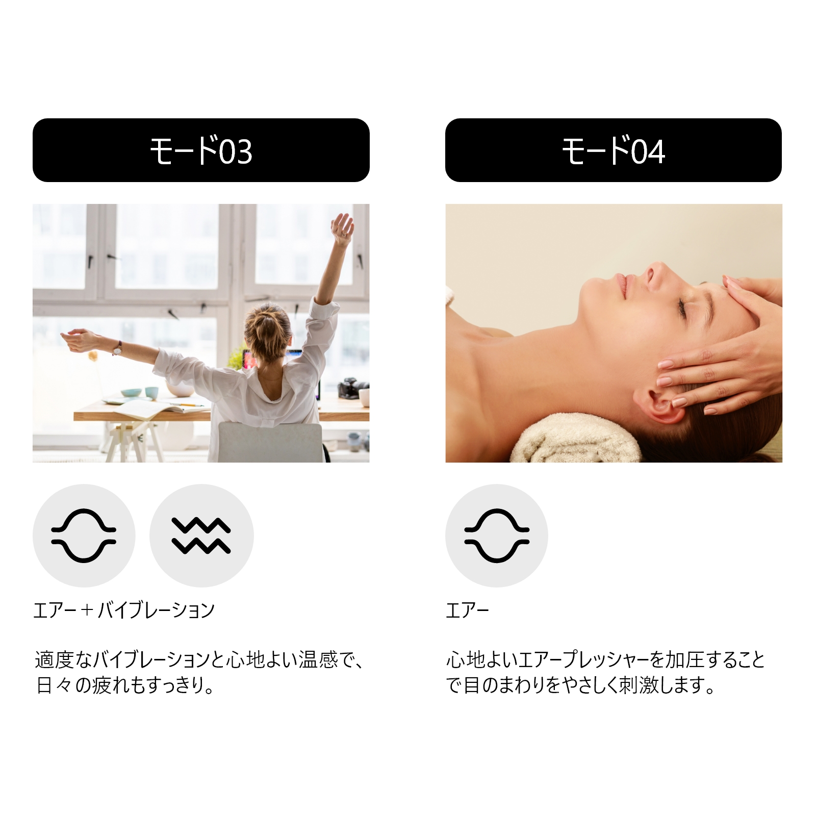3、エアー+バイブレーション：適度なバイブレーションと心地よい音感で、日々の疲れもすっきり。
4、エアー：心地よいエアープレッシャーを加圧することで目の周りを優しく刺激します。