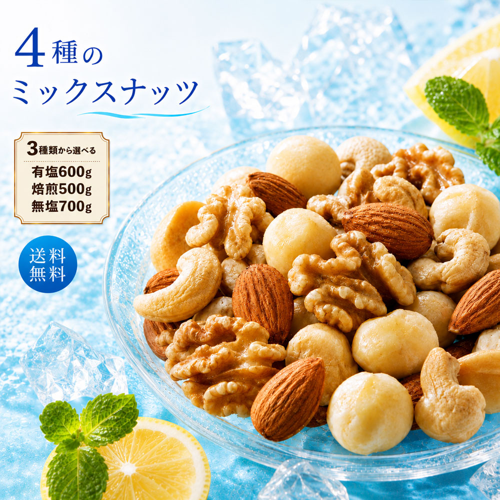 ミックスナッツ ナッツ 「4種類のナッツを使用 満足ミックスナッツ 最大700g ( 無塩 / 無塩・焙煎 / 有塩) 」 送料無料［ 無塩 ミックスナッツ 無添加 アーモンド くるみ 小分け 菓子材料 ナッツ nuts 1kg より少ない