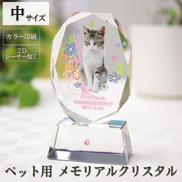 ペット位牌『写真入りペット位牌 クリスタル 楕円形』＜中サイズ 選べる誕生月ラインストーン入り台座付き＞（KP-2B）【遺影 仏具 供養 お位牌 名入れ 写真 メッセージ スタンド付 虹の橋 犬 猫 カラー フォト ガラス ペットメモリアル 手元供養】