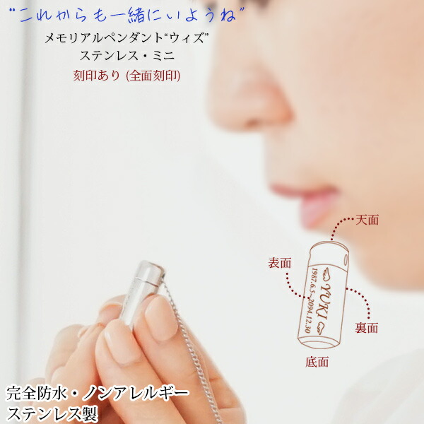 保証書付 ペット 遺骨 ペンダント 完全防水 ウィズ ステンレス ミニ 全面刻印 表面 裏面 天面 底面 お手入れクロス付き 遺骨入れ 遺骨カプセル 仏具 ネックレス アクセサリー ステンレス製 名入れ 日本製 ノンアレルギー 大容量 動物 犬 猫 絵文字対応