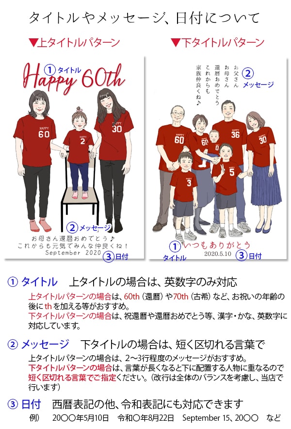 100 の保証 還暦祝い プレゼント 新スタイルの似顔絵 赤い還暦tシャツを着せてお揃いで描く 家族絵 7名様 縦向き 家族 父 母 両親 子供 孫 3世代 イラスト Fucoa Cl
