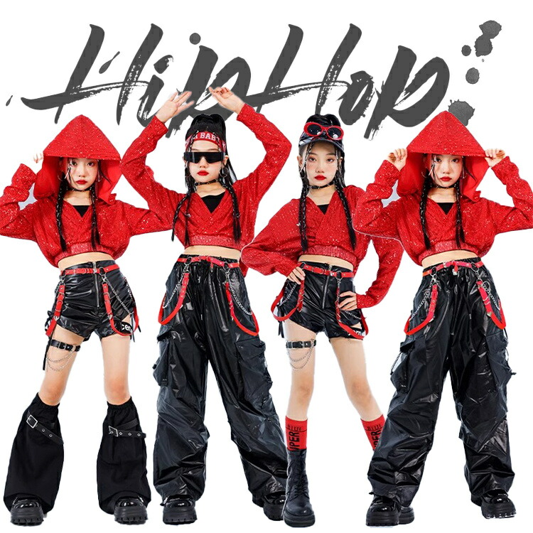 ダンス スパンコール キッズ 女の子 Y2K へそ出し ダンス衣装 レッド ブラック フード付き レザー ガールズ 短パンツ 長袖 長パンツ ダンスウェア 発表会 応援団 イベント ジュニア カッコイイ 普段着 jazz K-POP オシャレ DANCE 110~170