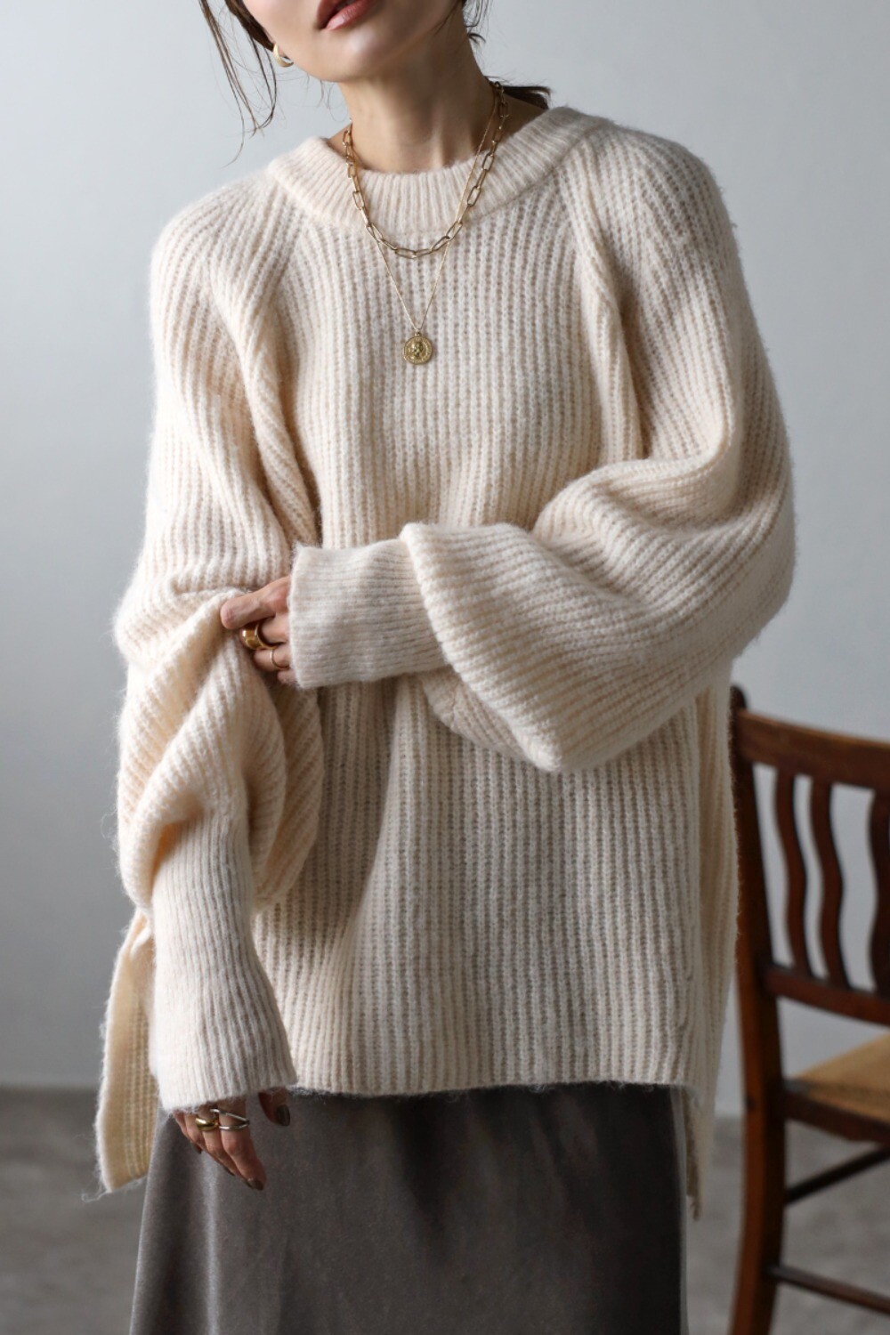 ウールタッチラウンドネックリブニット88-003151