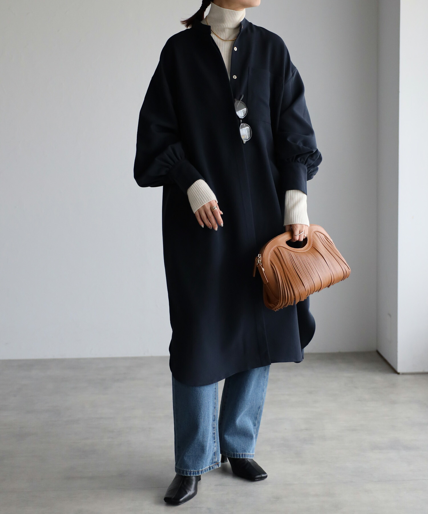 シャツワンピース レディース ボリューム袖 長袖 春 秋 冬 バンド