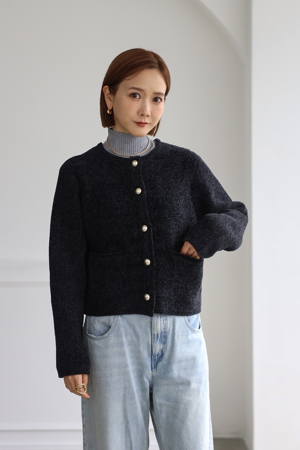 田中里奈さんコラボ メタルボタンベロアモールカーディガン 88-004453