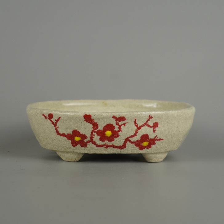 盆栽鉢 越前文山 小型 長辺 約 12.5cm 楕円鉢 赤絵 竹 笹 梅 花 はな ハナ 鑑賞 観賞用 現品 新品 送料無料