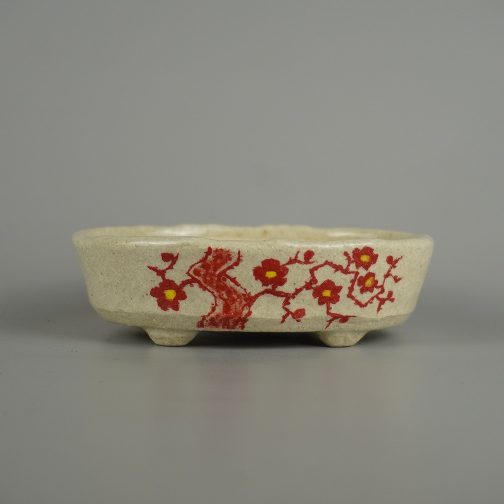 盆栽鉢 越前文山 小型 長辺 約 12.8cm 楕円鉢 赤絵 竹 笹 梅 花 はな ハナ 鑑賞 観賞用 現品 新品 送料無料