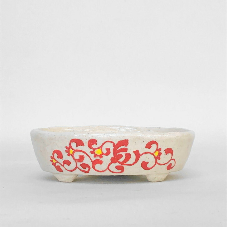 盆栽鉢 文山 越前文山 小型 長辺 12.5cm 楕円鉢 赤絵 花 竹 観賞用 現品 新品 送料無料