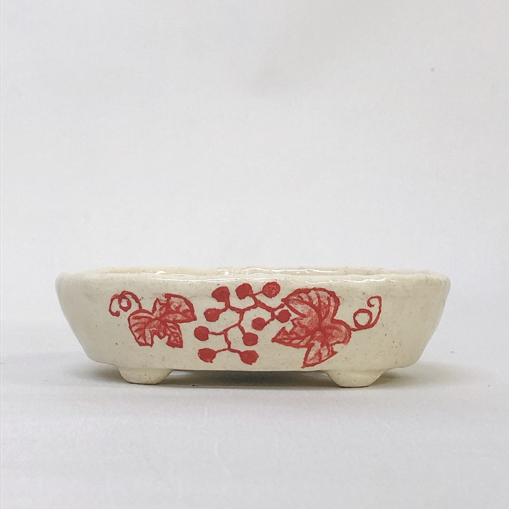盆栽鉢 文山 越前文山 小型 長辺 約 13cm 楕円鉢 赤絵 竹 葡萄 観賞用 現品 新品 送料無料｜盆栽はニわ 店