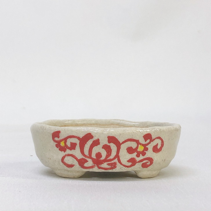 盆栽鉢 文山 越前文山 小鉢 長辺 約8.2cm 楕円鉢 赤絵 竹 花 観賞用 現品 新品 送料無料