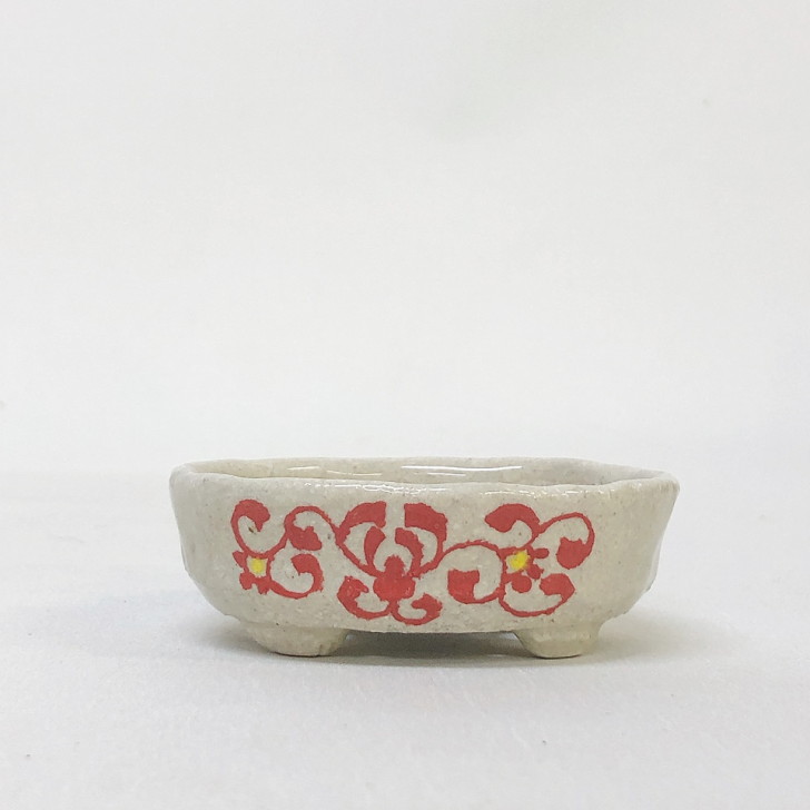盆栽鉢 文山 越前文山 小鉢 長辺 約7.8cm 楕円鉢 赤絵 竹 花 観賞用 現品 新品 送料無料