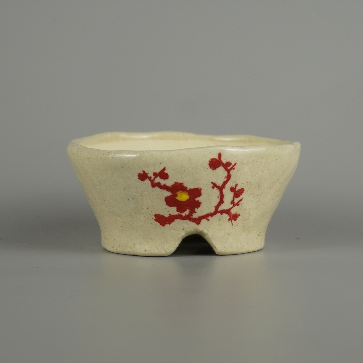 盆栽鉢 文山 越前文山 小鉢 長辺 約 8.9cm 丸鉢 赤絵 竹 笹 花 はな ハナ 鑑賞 観賞用 現品 新品 送料無料