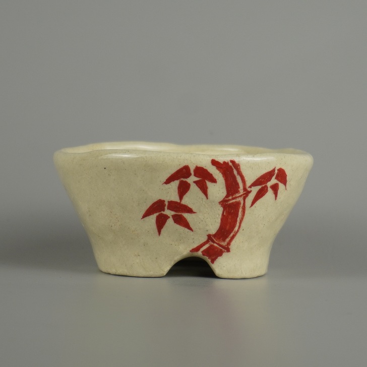 盆栽鉢 文山 越前文山 小鉢 長辺 約 8.2cm 丸鉢 赤絵 竹 笹 花 はな ハナ 鑑賞 観賞用 現品 新品 送料無料