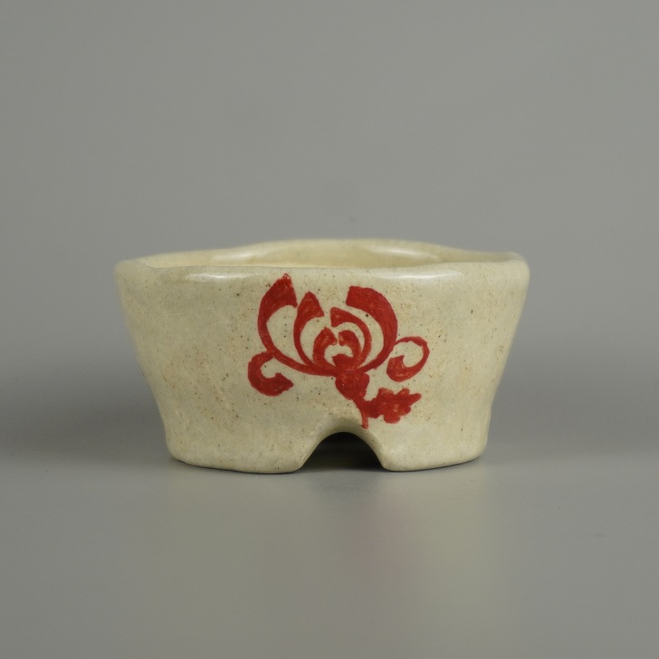 盆栽鉢 文山 越前文山 小鉢 長辺 約 7.7cm 丸鉢 赤絵 竹 笹 花 はな ハナ 鑑賞 観賞用 現品 新品 送料無料