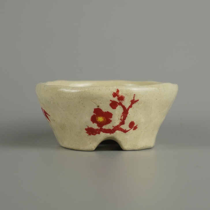 盆栽鉢 文山 越前文山 小鉢 長辺 約 7.8cm 丸鉢 赤絵 竹 笹 花 はな ハナ 鑑賞 観賞用 現品 新品 送料無料