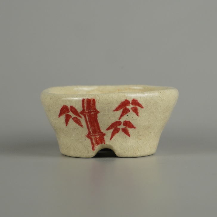 盆栽鉢 文山 越前文山 小鉢 長辺 約 6.8cm 丸鉢 赤絵 竹 笹 花 はな ハナ 鑑賞 観賞用 現品 新品 送料無料