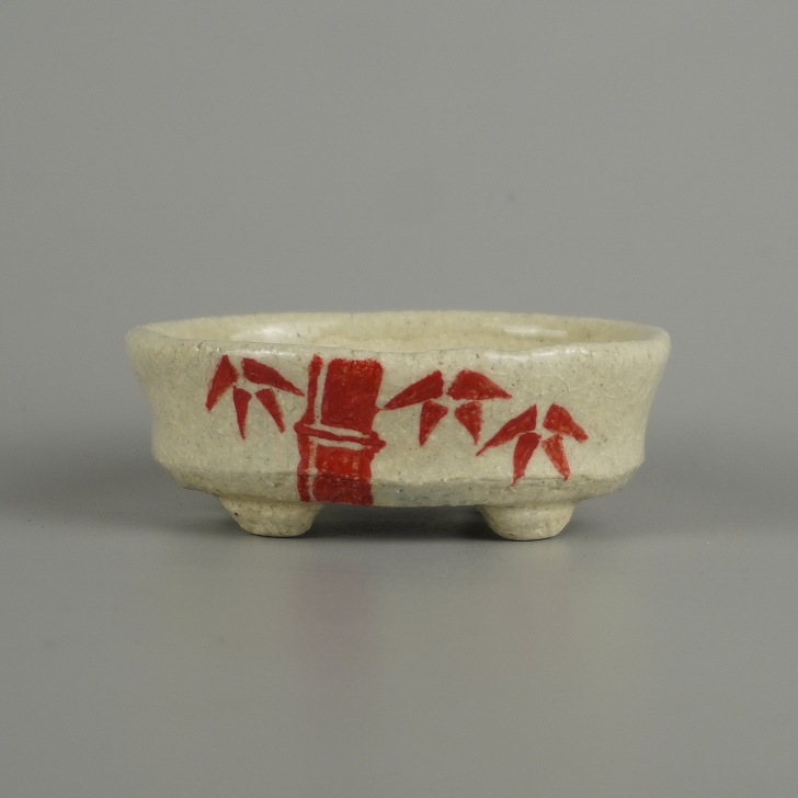 盆栽鉢 文山 越前文山 小鉢 長辺 約 7.3cm 楕円鉢 赤絵 竹 笹 花 はな ハナ 鑑賞 観賞用 現品 新品 送料無料