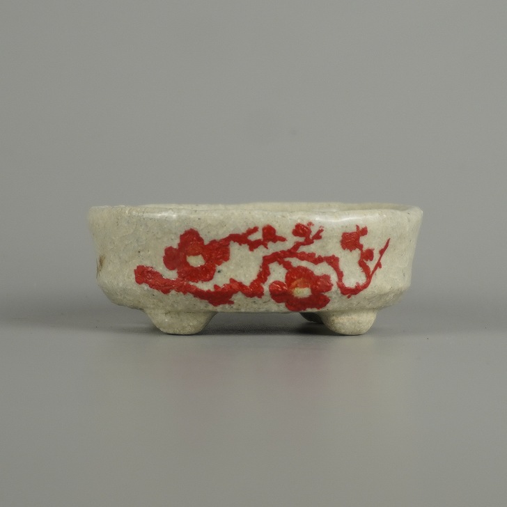 盆栽鉢 文山 越前文山 小鉢 長辺 約 6.4cm 楕円鉢 赤絵 竹 笹 花 はな ハナ 鑑賞 観賞用 現品 新品 送料無料