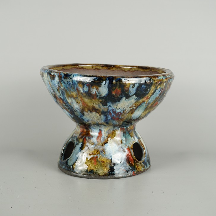盆栽鉢 文山 越前文山 中型 長辺 約 21cm 丸鉢 高杯 釉薬 現品 新品 送料無料