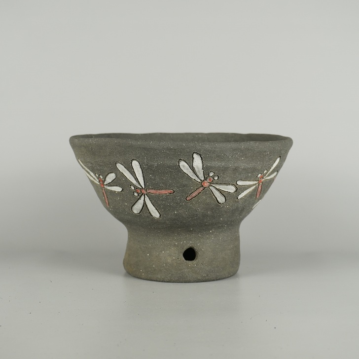 盆栽鉢 文山 越前文山 中型 長辺 約 20.6cm 丸鉢 色絵 蜻蛉 とんぼ トンボ 高杯 泥物 現品 新品 送料無料