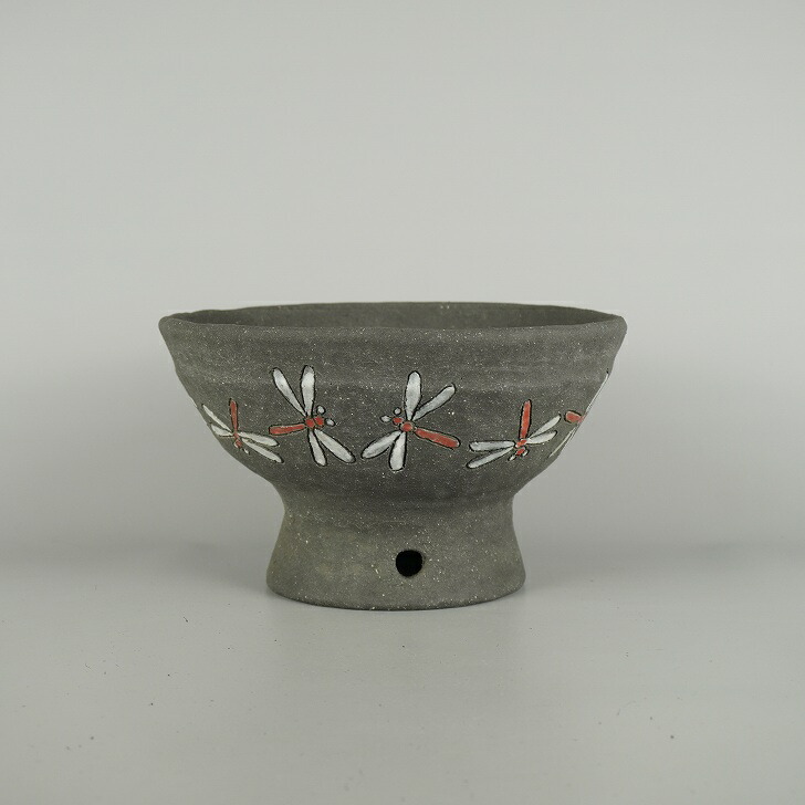 盆栽鉢 文山 越前文山 中型 長辺 約 21.5cm 丸鉢 色絵 蜻蛉 とんぼ とんぼ 高杯 鑑賞用 観賞用 現品 新品 送料無料