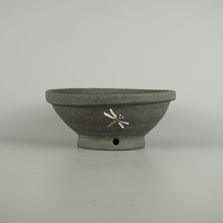 盆栽鉢 文山 越前文山 中型 長辺 約 20.5cm 鯖江園芸 丸鉢 色絵 蜻蛉 とんぼ トンボ 泥物 現品 新品 送料無料