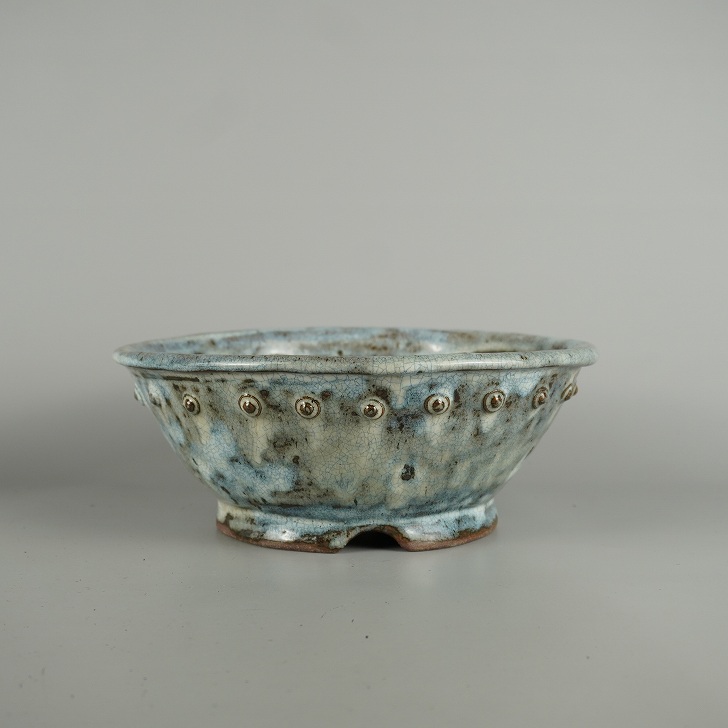 盆栽鉢 文山 越前文山 中型 長辺 約 22.8cm 鯖江園芸 丸鉢 鋲打 釉薬 現品 新品 送料無料