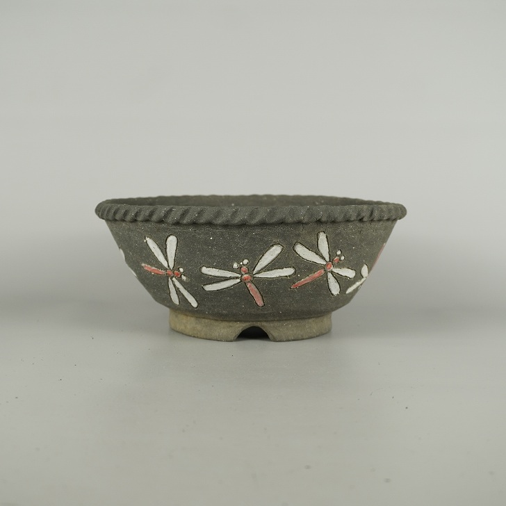 盆栽鉢 文山 越前文山 中型 長辺 約 21.5cm 鯖江園芸 丸鉢 色絵 蜻蛉 とんぼ トンボ 泥物 鑑賞 観賞用 現品 新品 送料無料