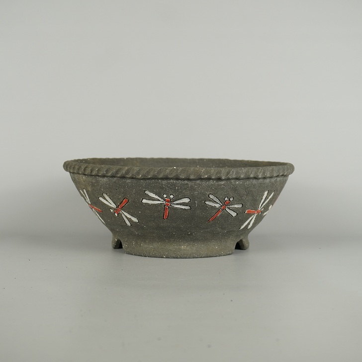 盆栽鉢 文山 越前文山 中型 長辺 約 24.8cm 鯖江園芸 丸鉢 色絵 蜻蛉 とんぼ トンボ 泥物 鑑賞用 観賞用 現品 新品 送料無料