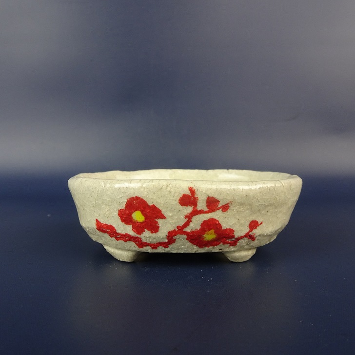 盆栽鉢 文山 越前文山 小鉢 長辺 約 8.5cm 楕円鉢 赤絵 竹 笹 花 はな ハナ 鑑賞 観賞用 現品 新品 送料無料