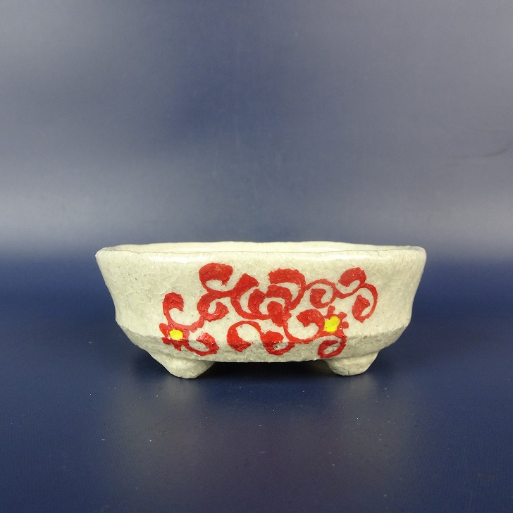 盆栽鉢 文山 越前文山 小鉢 長辺 約 8.4cm 楕円鉢 赤絵 竹 笹 花 はな ハナ 鑑賞 観賞用 現品 新品 送料無料