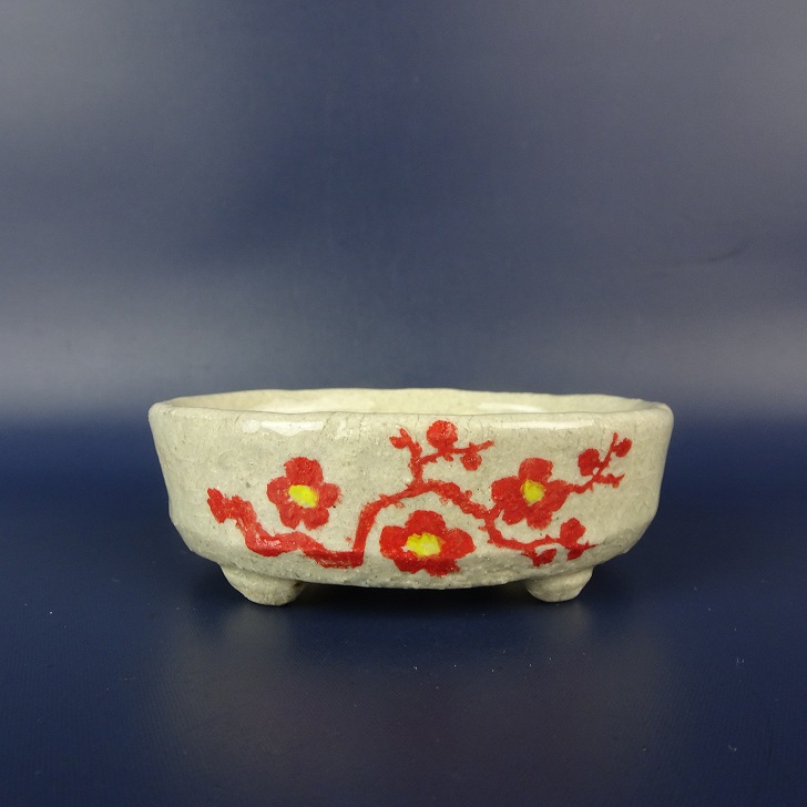 盆栽鉢 文山 越前文山 小鉢 長辺 約 9cm 楕円鉢 赤絵 竹 笹 花 はな ハナ 鑑賞 観賞用 現品 新品 送料無料